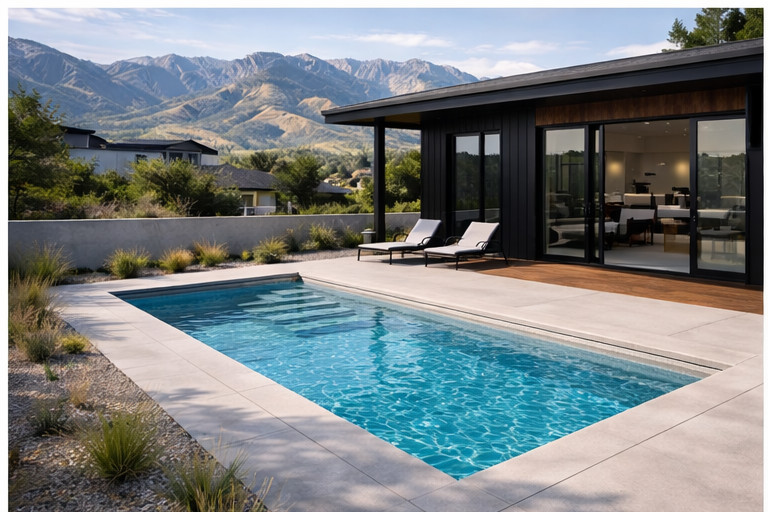 Modern rectangular plunge pool in Utah backyard
