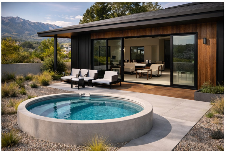 Modern round plunge pool in minimalist backyard
