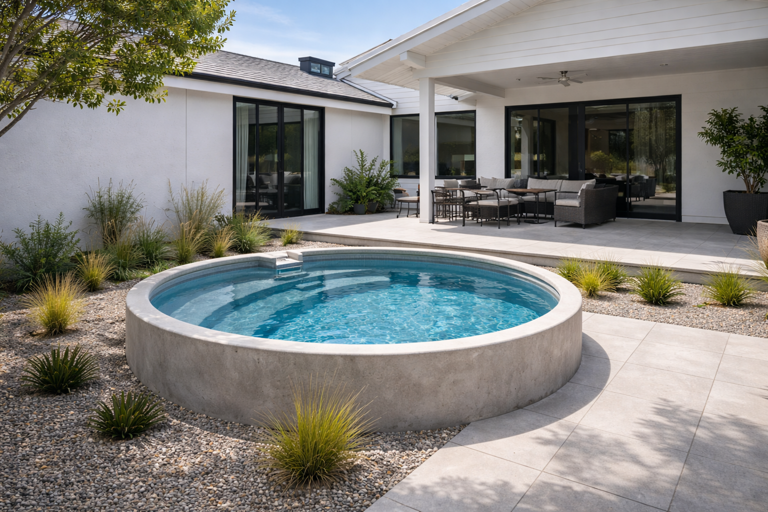 Round plunge pool in a modern backyard
